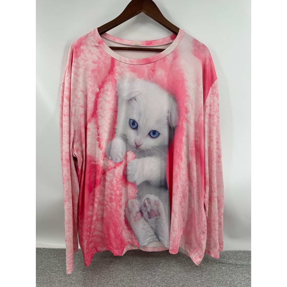 Cat Kitten Graphic Print Long Sleeve Soft Knit Tee Top Size 4XL Pink White